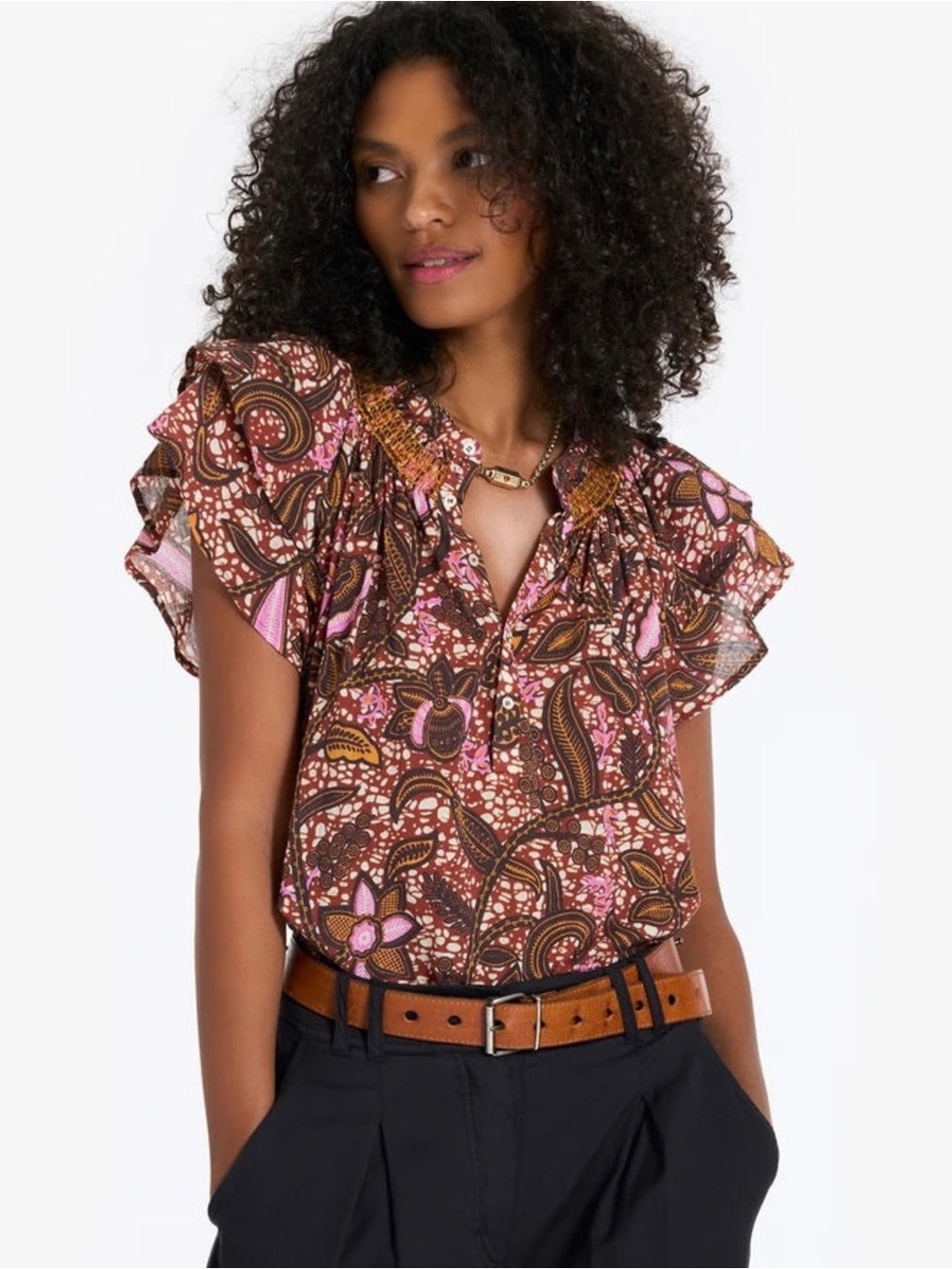 XIRENA Floral Batik Print Ruffle Short Sleeve Flowy Boho Festivalcore Top XS